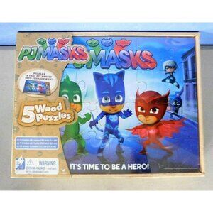 PJ MASKS FIVE WOOD PUZZLES FOR KIDS WITH STORAGE BOX, NEW!
